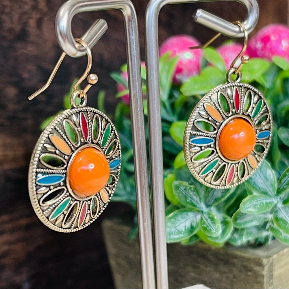 BOHO EARRINGS Mountain Sunshine Fun Bright coral gold warm ROUND sunburst floral - Picture 5 of 5